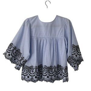 Aiden Size M Blue Striped Cotton Blouse Embroidered Scalloped Hem Bell Sleeves